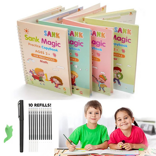 Magic Practice Copybook Set 4 Books, Magic Pen & 10 Ink Refills Montessori Children Tracing Sank Calligraphy Handwriting First Preschool Baby Learning Books for Kids